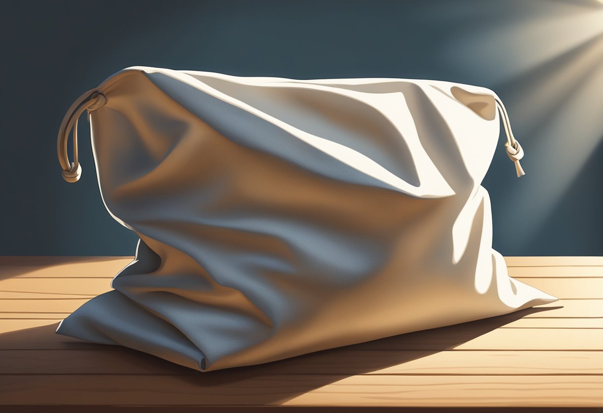 A cotton bag lying on a wooden table with sunlight streaming in from a nearby window, casting soft shadows on the fabric