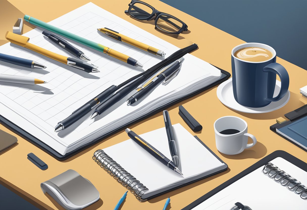 A table filled with branded merchandise: pens, mugs, and notebooks. A corporate logo prominently displayed on each item