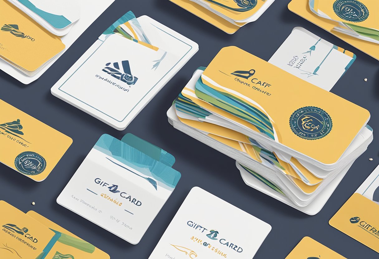A group of gift cards arranged neatly on a table, with a company logo prominently displayed on each card. A hand-written note expressing gratitude is placed next to the cards