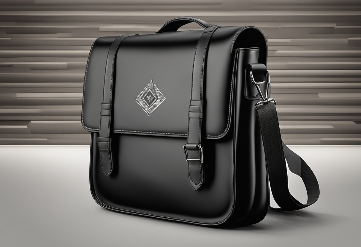 A sleek black corporate sling bag hangs from a chair, with the company logo subtly embossed on the front flap