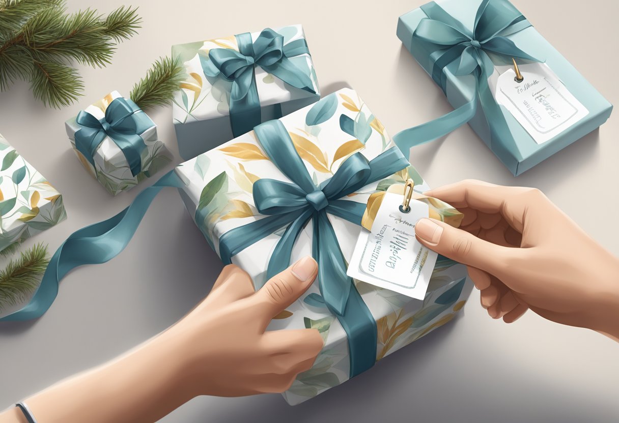 A hand reaches out to attach a personalised gift tag to a beautifully wrapped corporate gift, showcasing the attention to detail and thoughtfulness in the gift-giving process