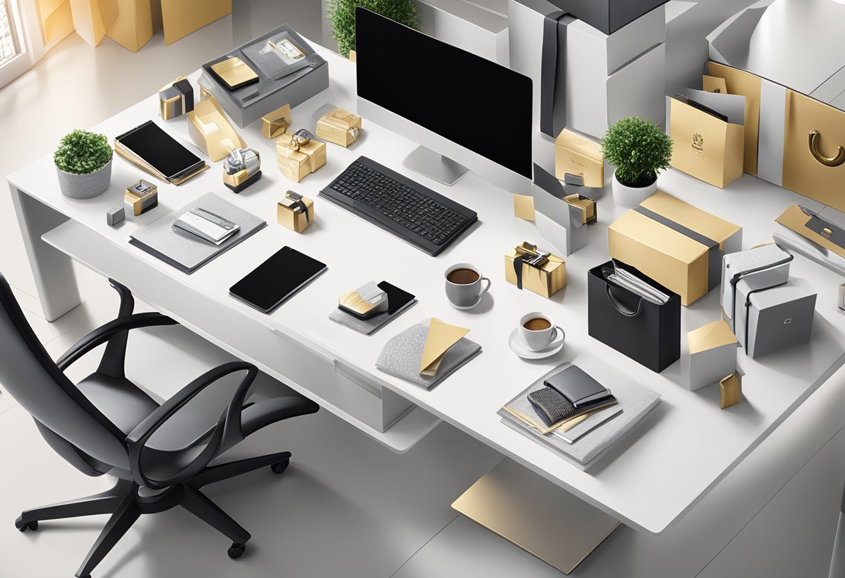 A table adorned with elegant corporate gifts, including branded items and luxury products, displayed in a professional office setting