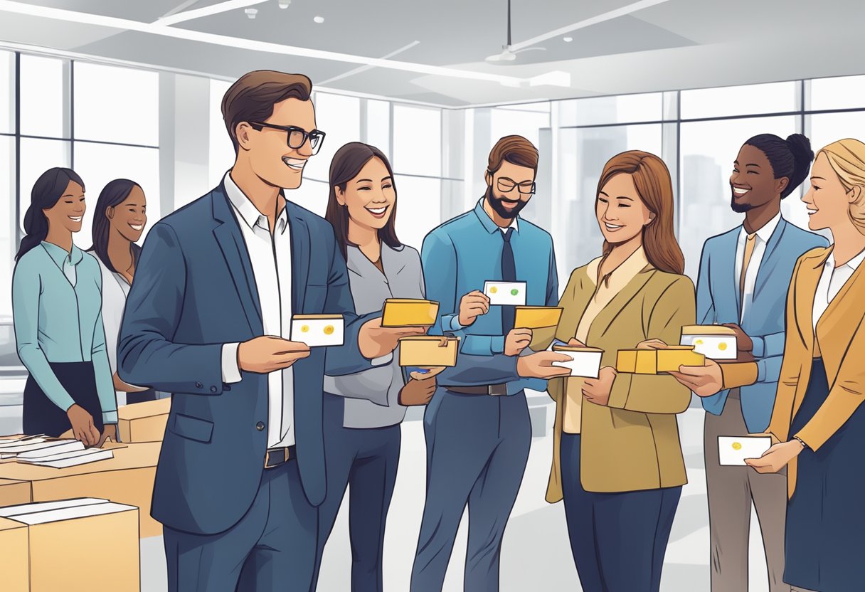 A group of employees handing out gift cards to charity representatives in a corporate setting, with a focus on organization and professionalism