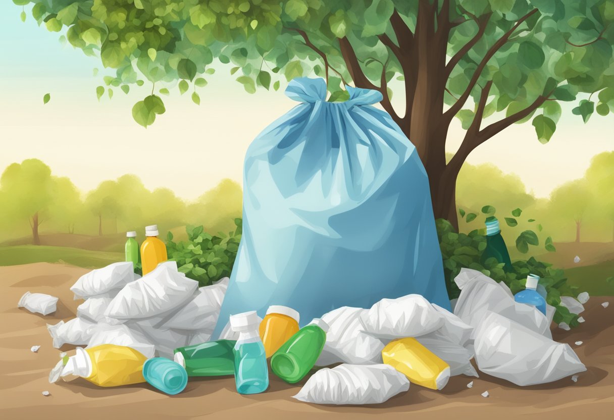 A cotton bag surrounded by littered plastic bags and bottles, with a healthy tree in the background
