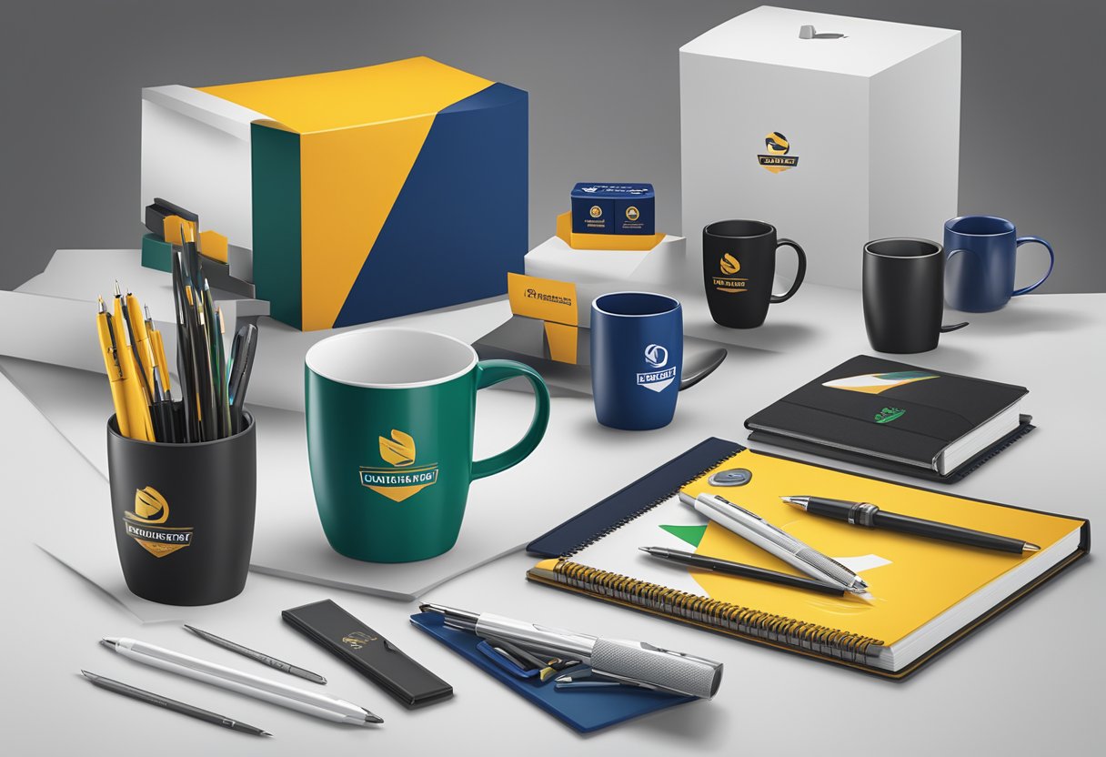 A table displays various corporate gifts with logo printing. Pens, mugs, and notebooks are arranged neatly, with the company's logo prominently featured on each item