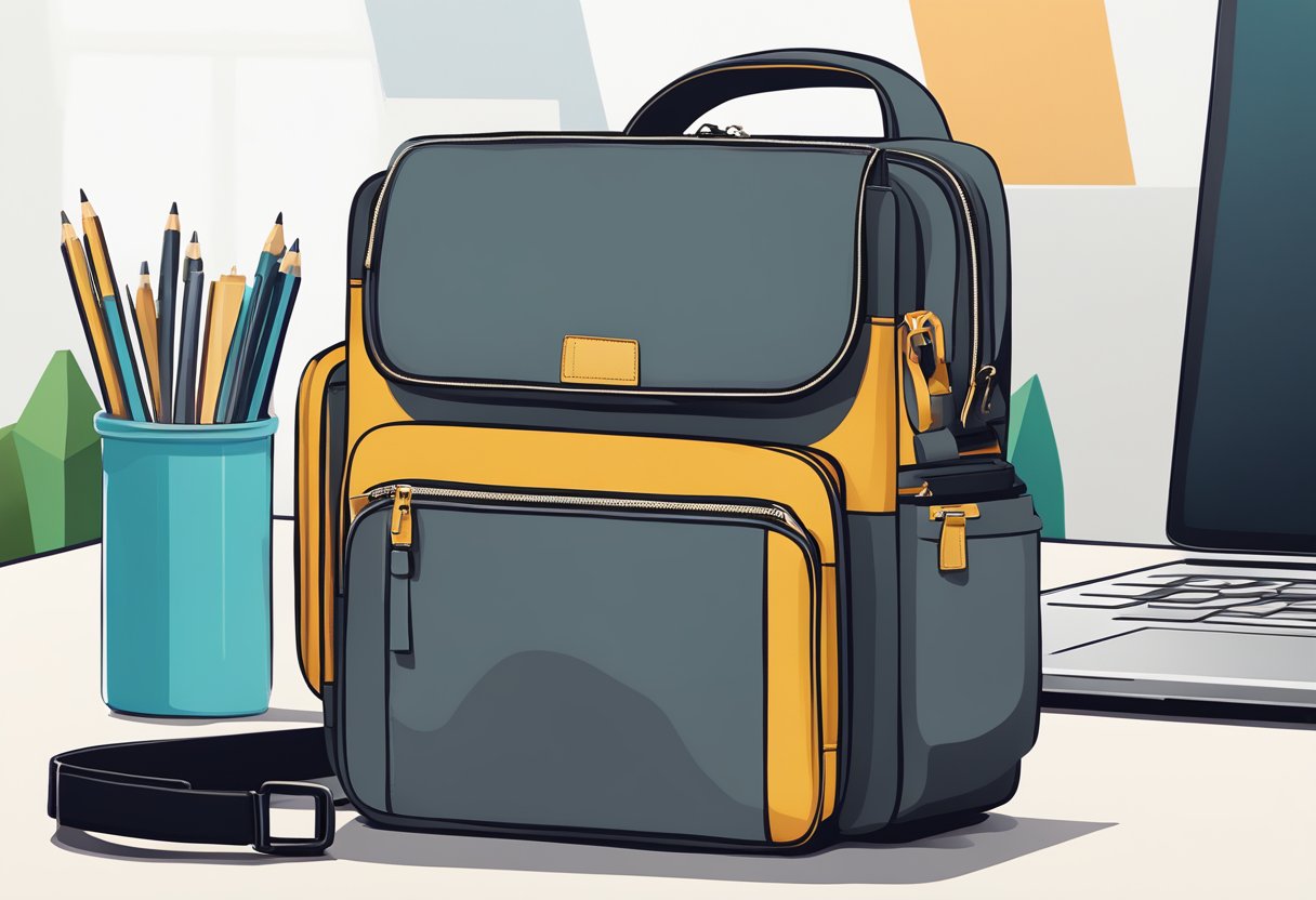A sleek, modern corporate sling bag sits on a clean, minimalist desk with a laptop and notepad nearby. The bag is made of high-quality, durable material with multiple compartments for organization