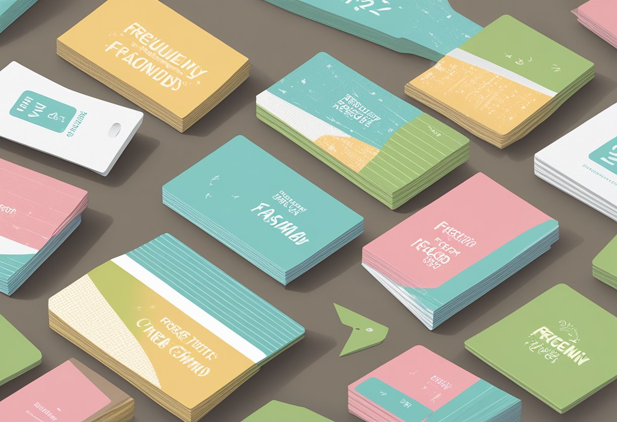 A stack of custom corporate gift tags with "Frequently Asked Questions" printed on them, neatly arranged on a table