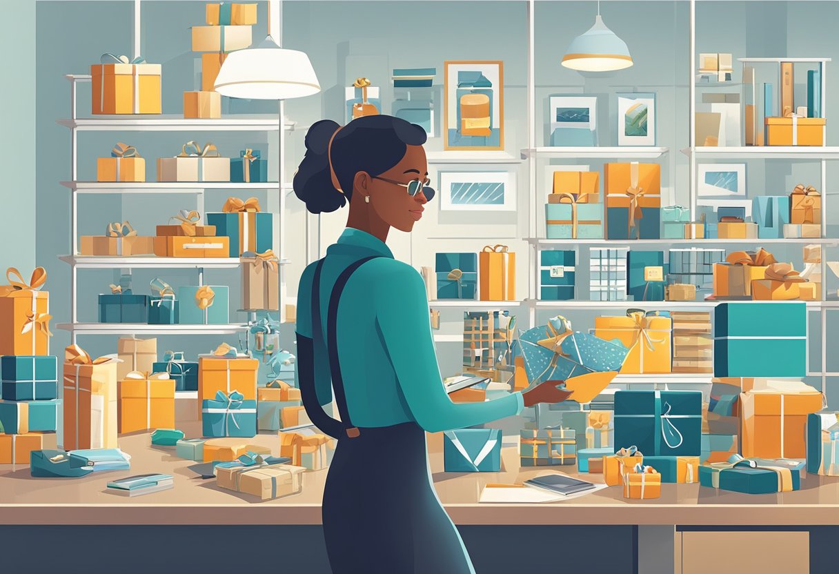 A person stands in front of a display of various corporate gifts, carefully selecting items to give to clients and employees. The gifts range from elegant desk accessories to high-quality tech gadgets
