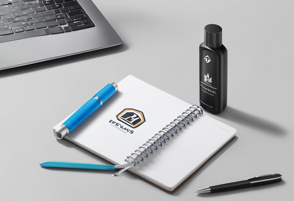 A hand sanitizer bottle sits on a sleek desk next to a branded notebook and pen. The corporate logo is prominently displayed on the gift items