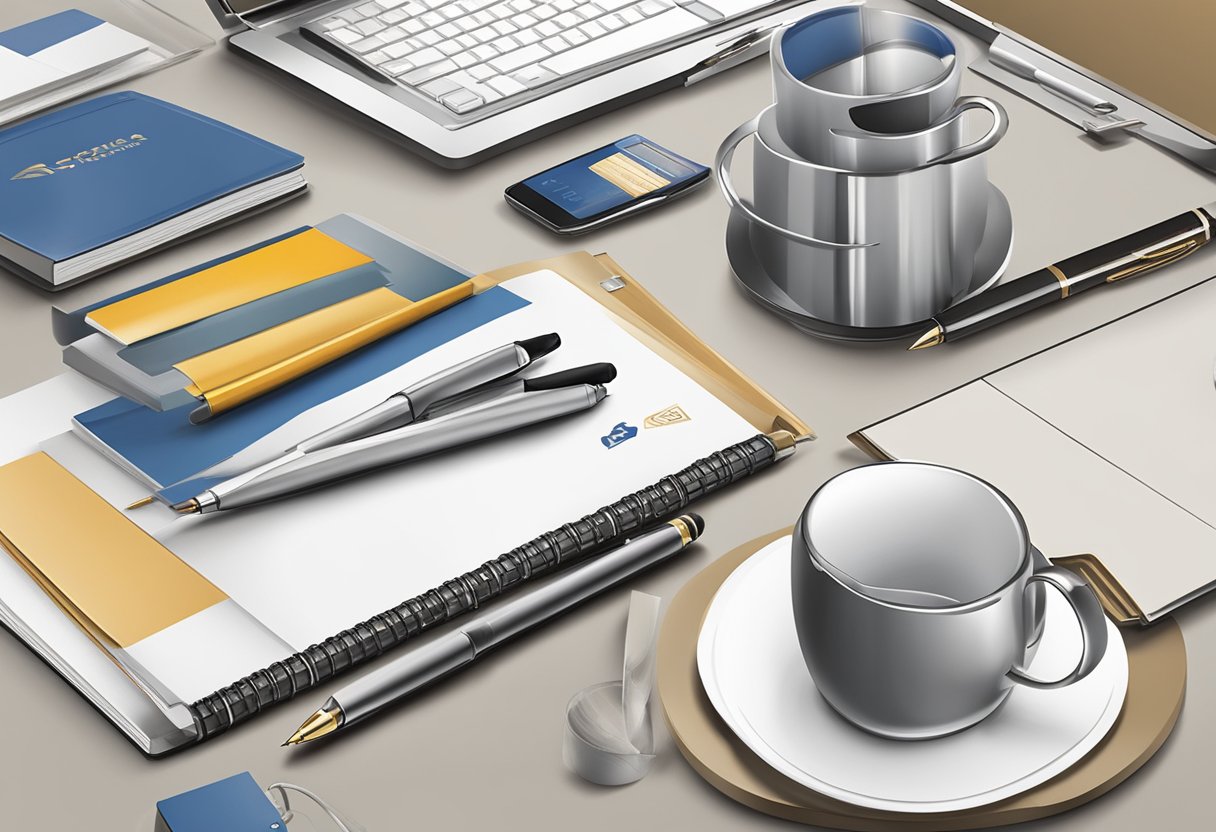 A table displays various corporate gifts with logo printing. Items include pens, mugs, and notebooks. The logo is prominently featured on each item