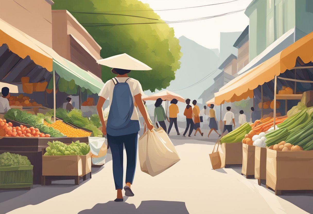 A person carrying a cotton bag filled with groceries, passing by a market with various vendors selling organic produce and sustainable products