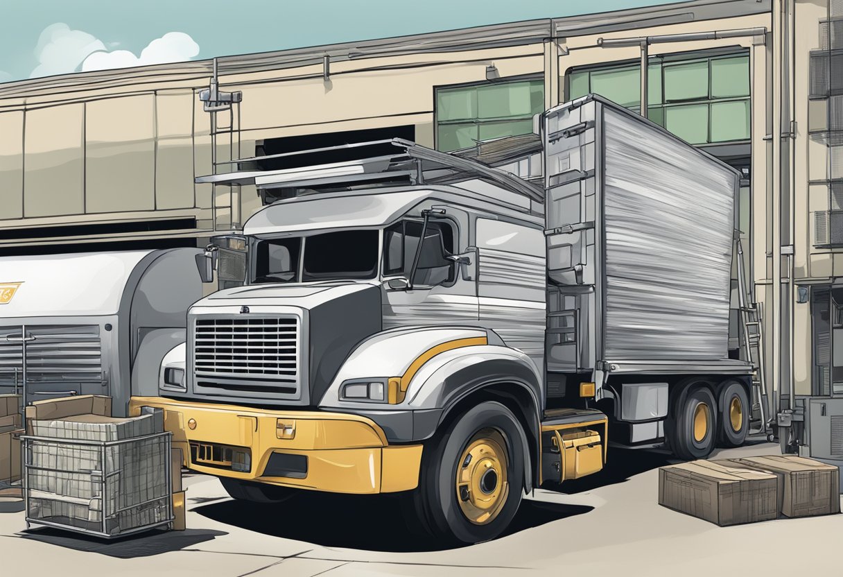 A printing press spitting out corporate notebooks, while a delivery truck waits to transport the finished products