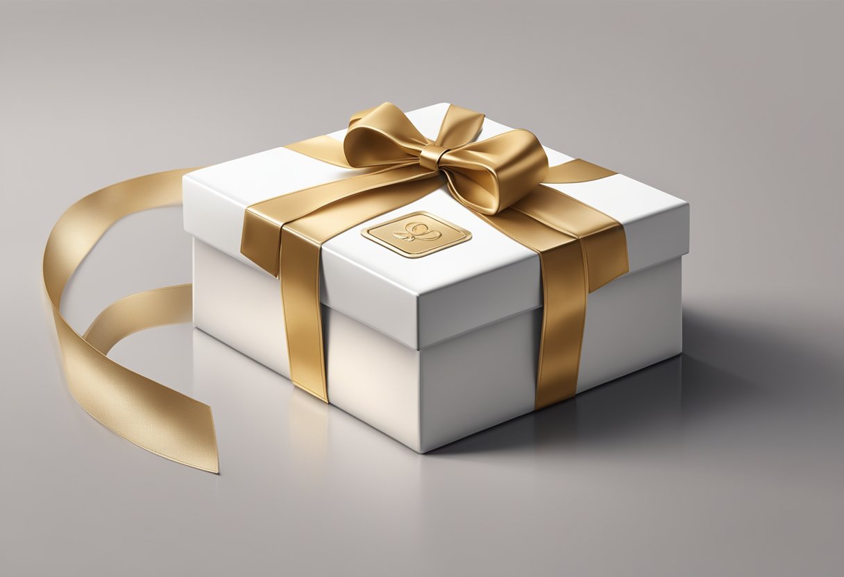 A sleek leather gift box sits on a polished desk, adorned with the company logo. A ribbon is elegantly tied around the box, hinting at the luxurious surprise inside