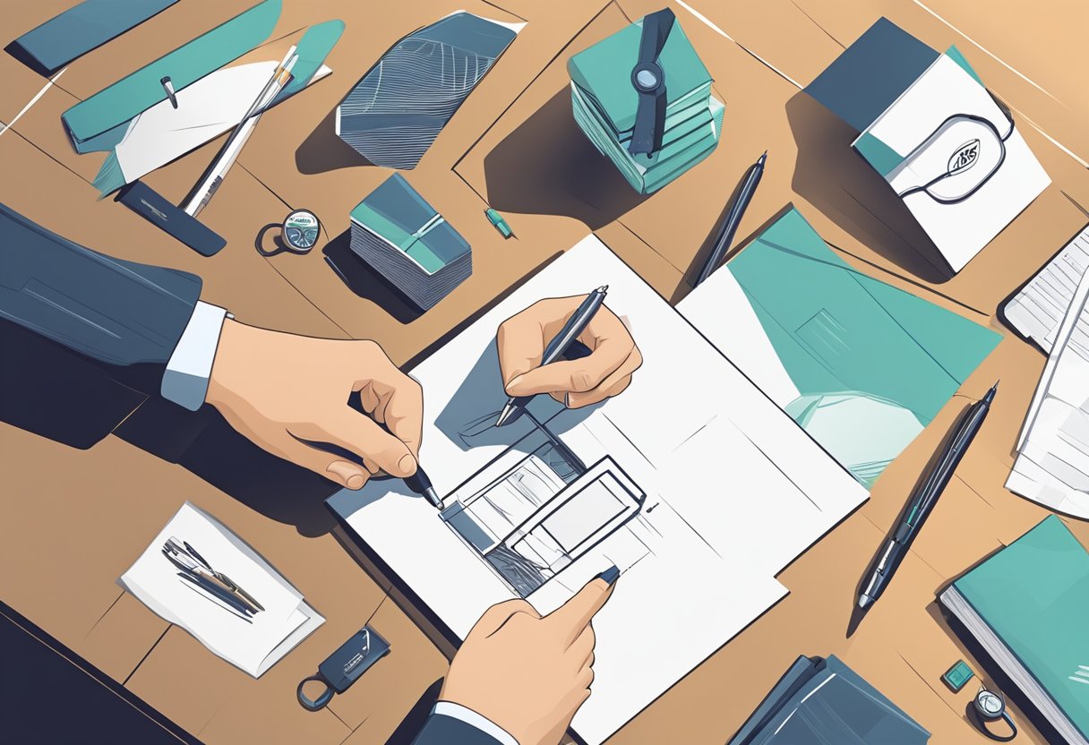A hand reaches for a sleek pen with a corporate logo on it, surrounded by other branded gifts on a polished table