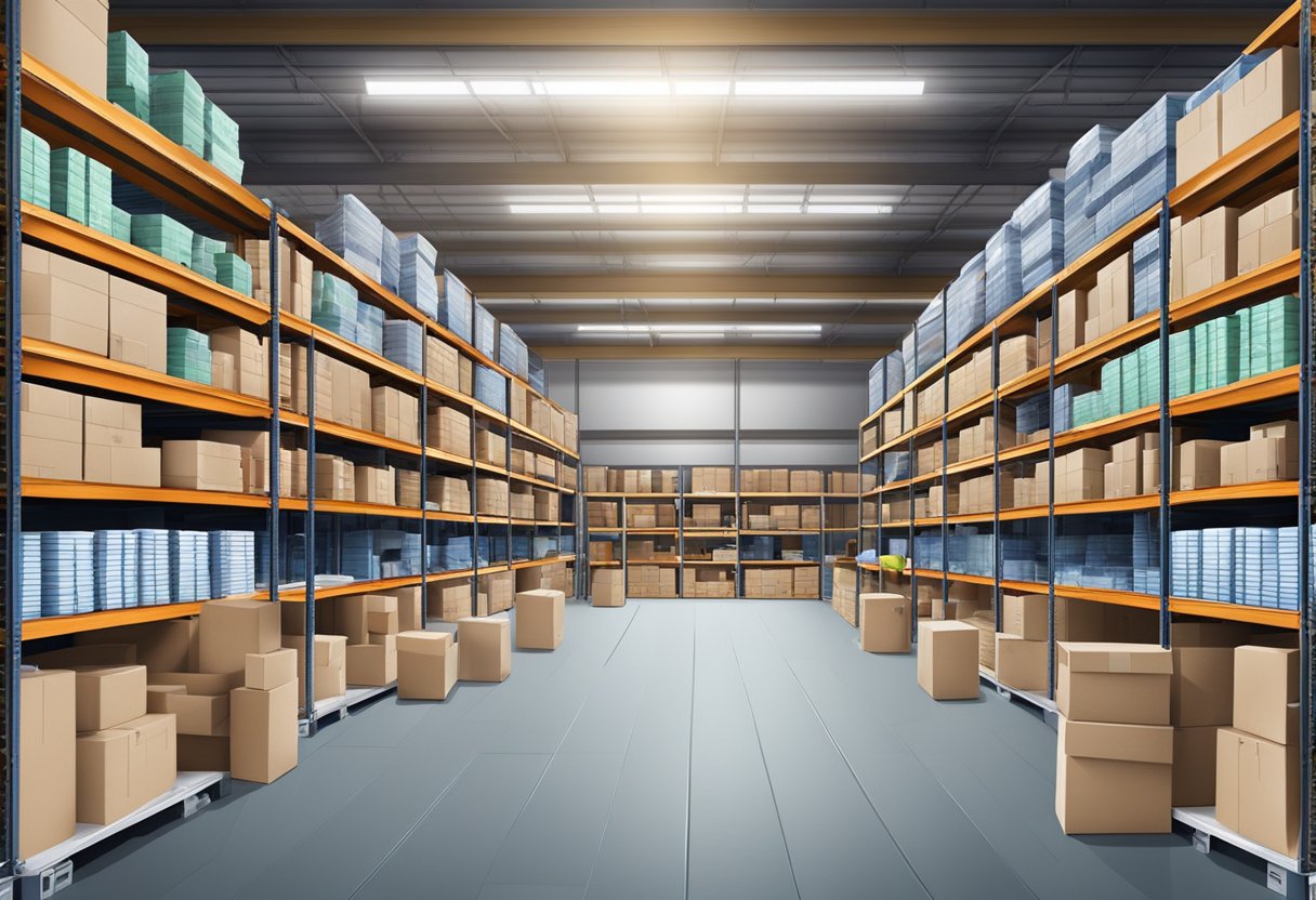 A warehouse filled with shelves stacked high with various corporate gifts, ready for wholesale distribution