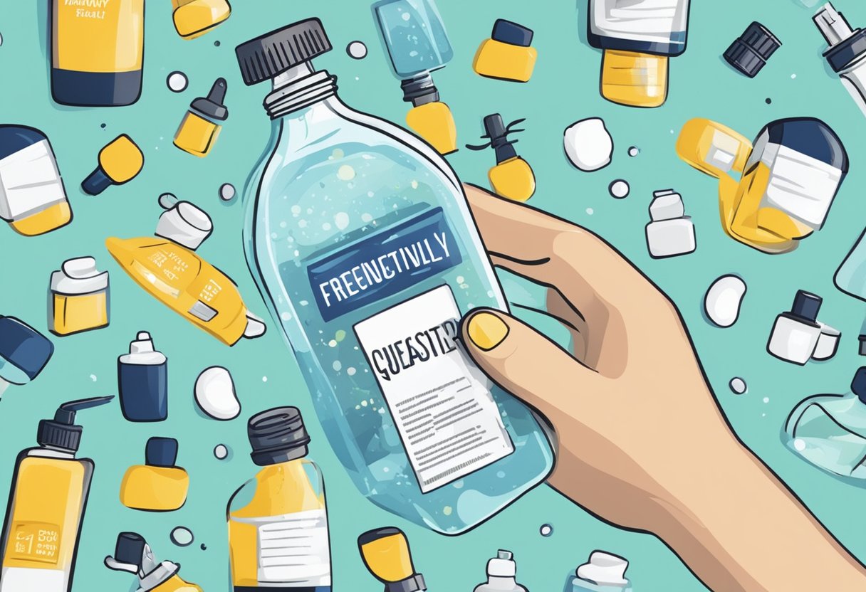 A bottle of hand sanitizer with "Frequently Asked Questions" label, surrounded by corporate gifts