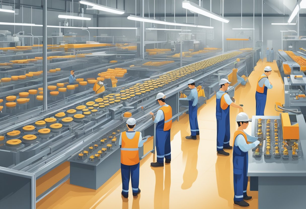 A factory floor with rows of custom keychain molds and workers inspecting finished products for quality control