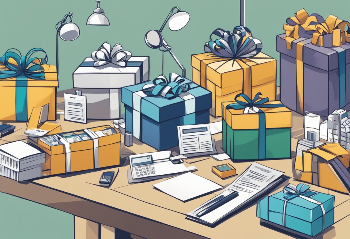 A table with various corporate gifts displayed, including branded items and gift baskets, with a sign reading "Frequently Asked Questions corporate gifts article" nearby