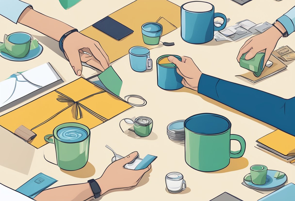 A hand reaches for a collapsible cup among corporate gifts on a table