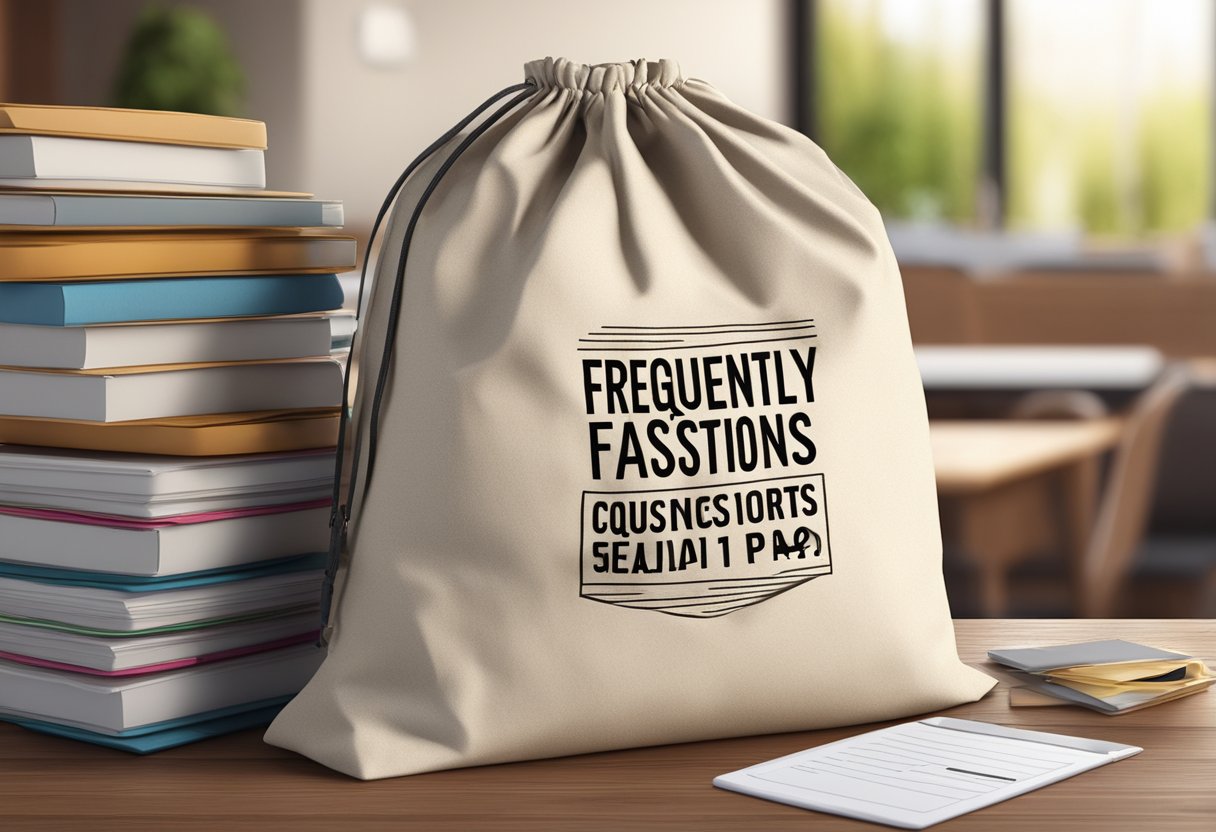 A cotton bag with "Frequently Asked Questions" printed on it, sitting on a wooden table with a stack of papers next to it