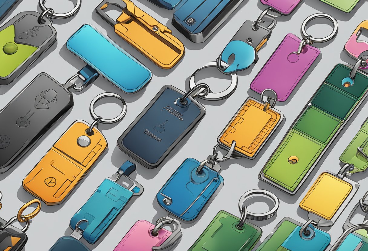 A table displaying an array of keychain styles and colors, with a variety of customisation options such as engraving, embossing, and color choices