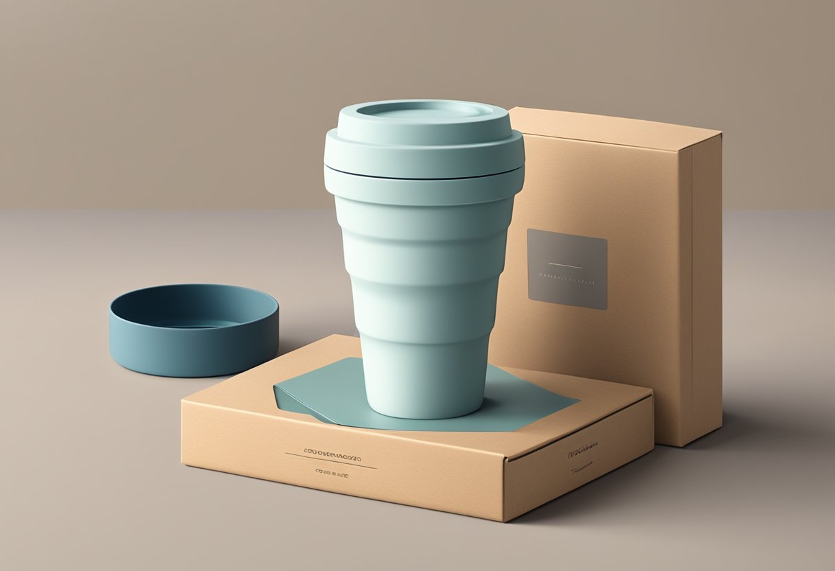 A collapsible cup made of durable silicone, with a sleek and modern design, sits on a wooden table next to a branded gift box