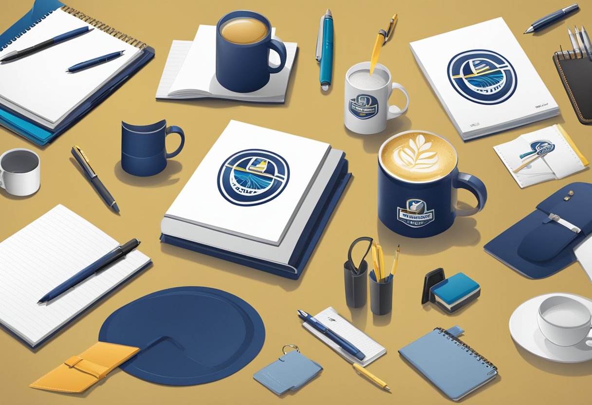 A corporate logo being imprinted on various gifts, such as mugs, pens, and notebooks, to showcase customization and branding strategies