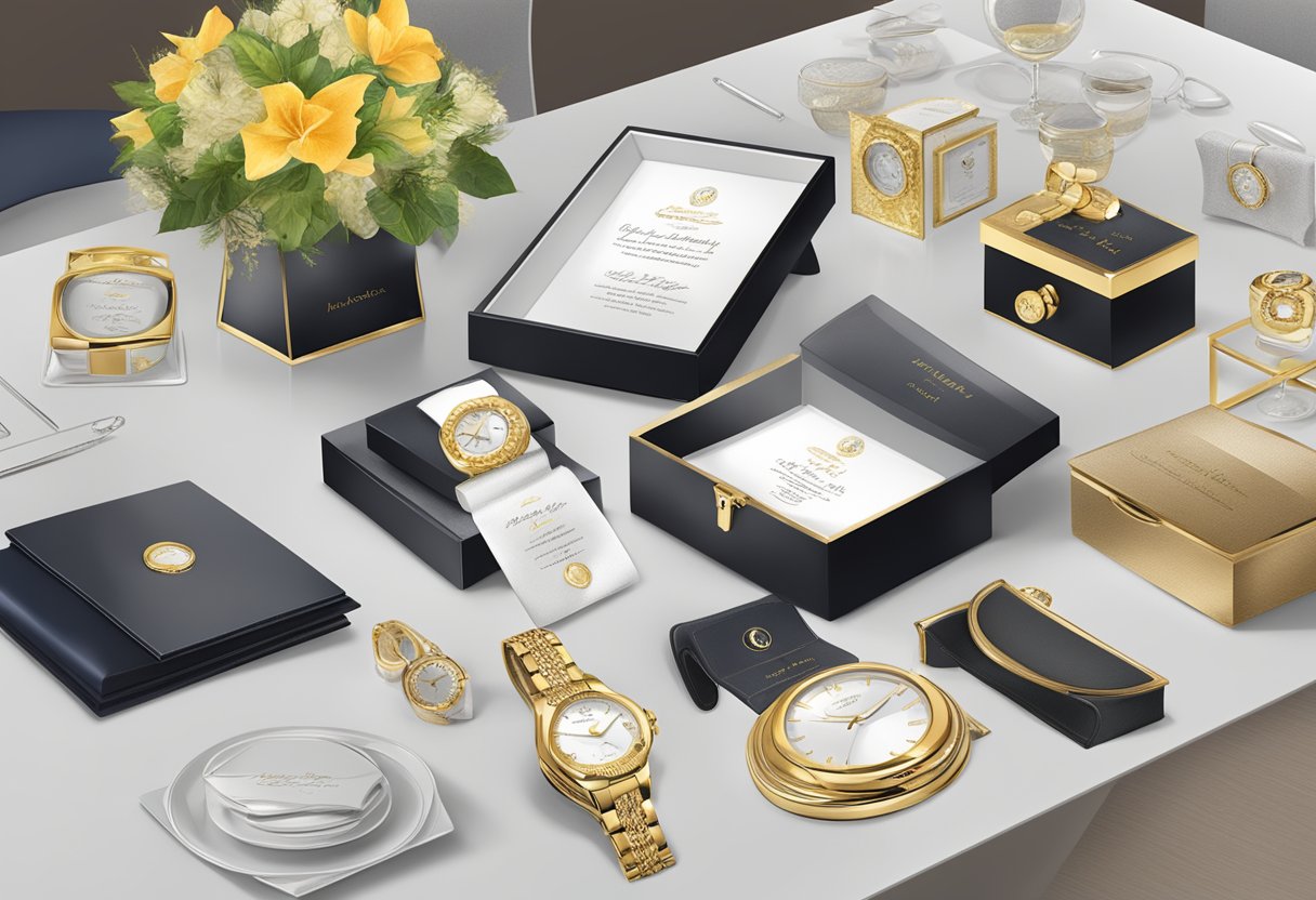 A table adorned with elegant corporate retirement gifts, including engraved plaques, luxurious watches, and personalized photo frames