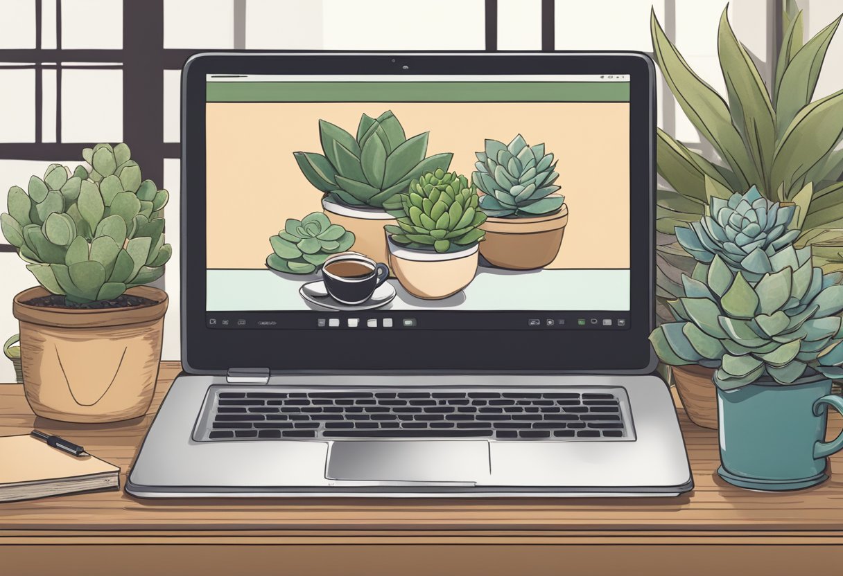 A table displays artisanal coffee, succulents, and stylish notebooks. A sleek laptop and vintage camera complete the scene