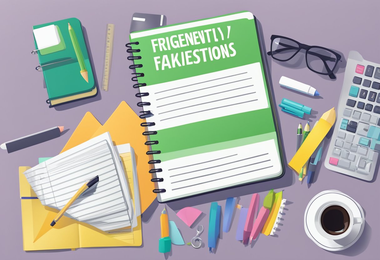 A notebook with "Frequently Asked Questions" printed on the cover, surrounded by office supplies and a computer screen displaying the same title