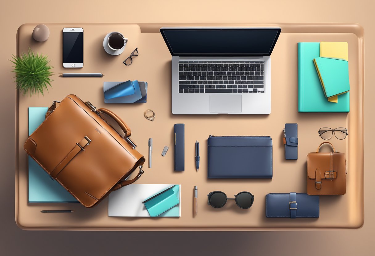 A sleek leather briefcase and stylish leather notebook sit on a modern office desk, surrounded by elegant corporate gifts