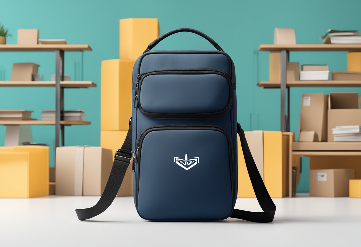 A corporate sling bag with logo, multiple compartments, and adjustable strap, displayed against a clean, professional backdrop