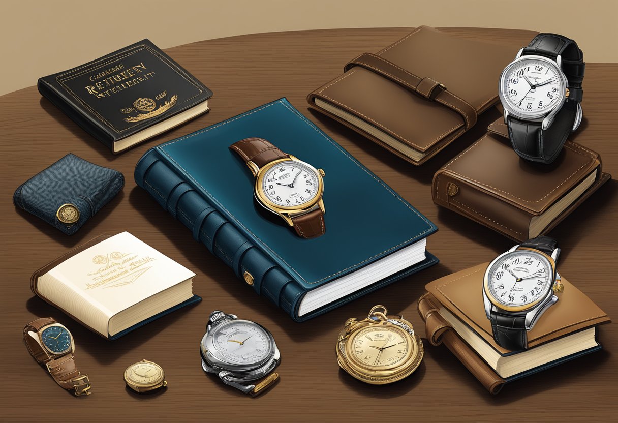 A table adorned with elegant corporate retirement gifts, including a personalized watch, engraved plaque, and a leather-bound journal