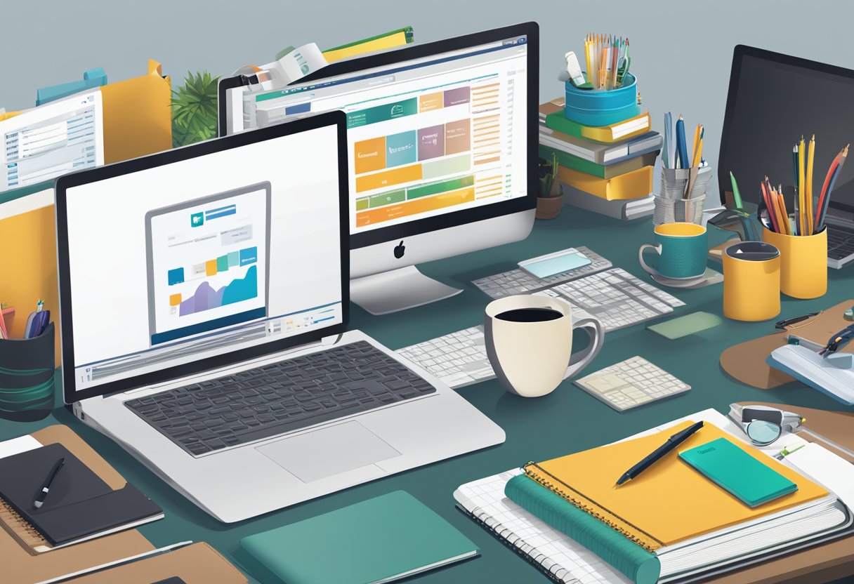 A busy office desk with a stack of branded corporate gifts, including pens, mugs, and notebooks. A computer screen displays the "Frequently Asked Questions" page of the company's website