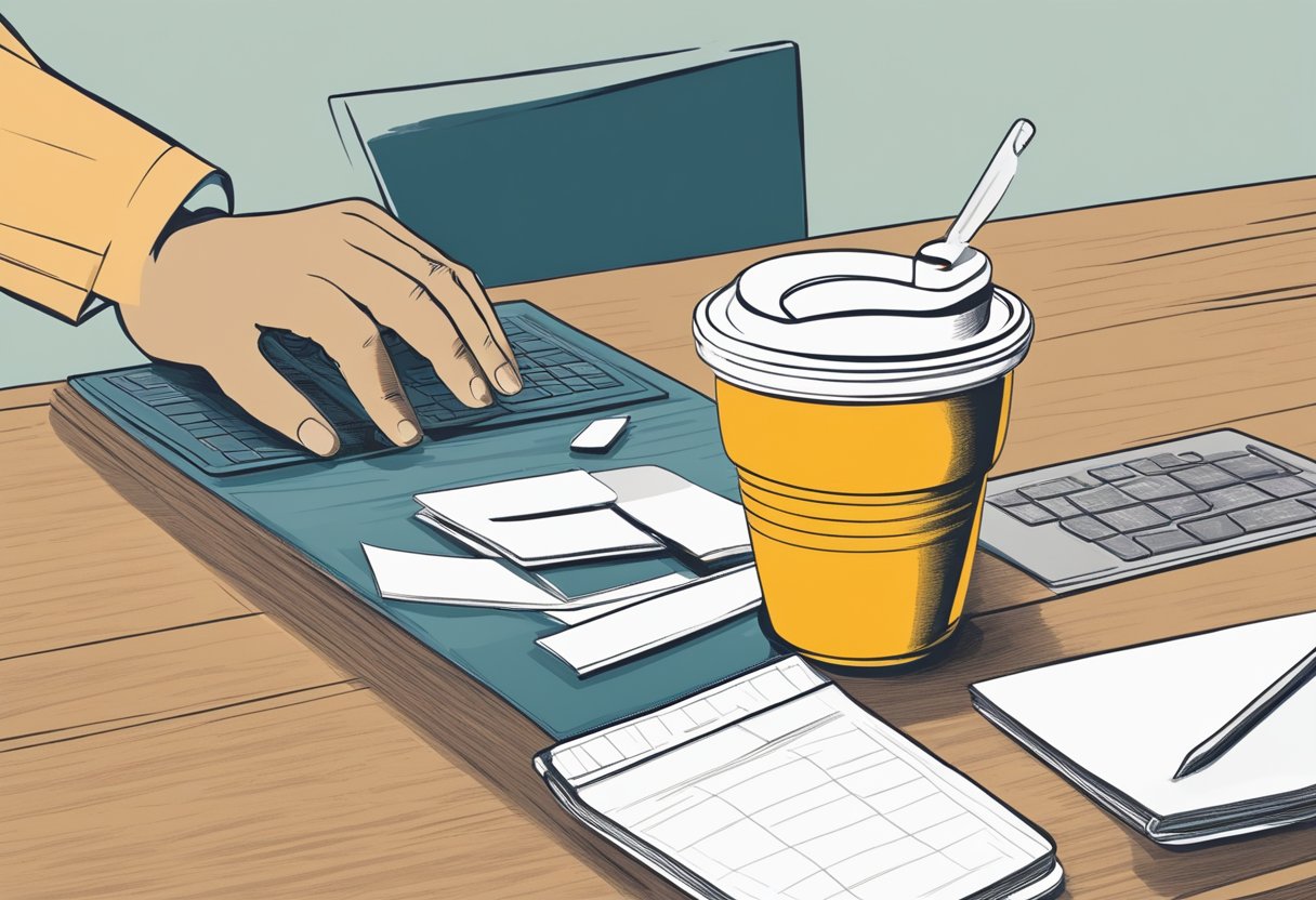 A hand reaches for a collapsible cup among corporate gifts on a desk. Logo visible