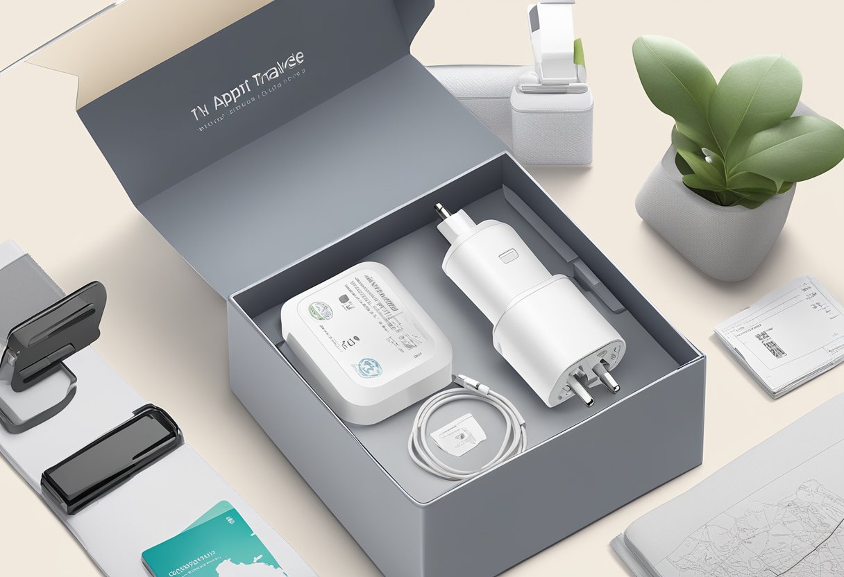 A universal travel adaptor sits on a sleek corporate gift box, surrounded by travel essentials like a passport, map, and airplane tickets