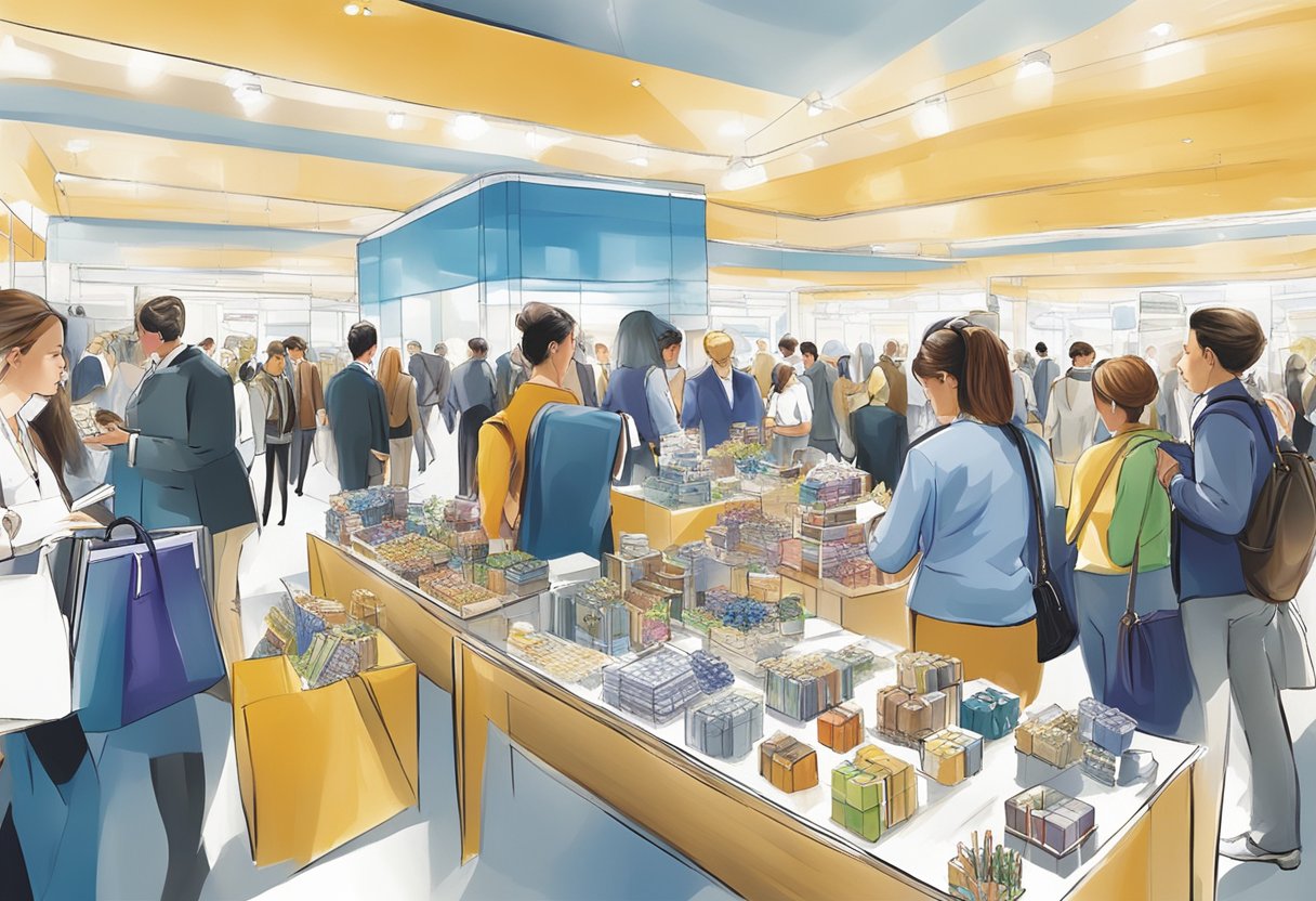 A bustling corporate gifts fair with booths showcasing a variety of products, from elegant pens and notebooks to luxurious gift baskets and high-tech gadgets. The atmosphere is lively as attendees browse and engage with exhibitors