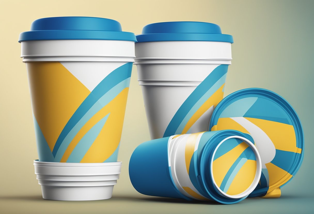 A stack of branded collapsible cups with a "Frequently Asked Questions" sign in a corporate setting
