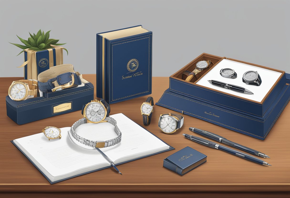 A table with various gift options: personalized plaques, engraved watches, custom photo albums, and elegant pens. Company logo displayed prominently