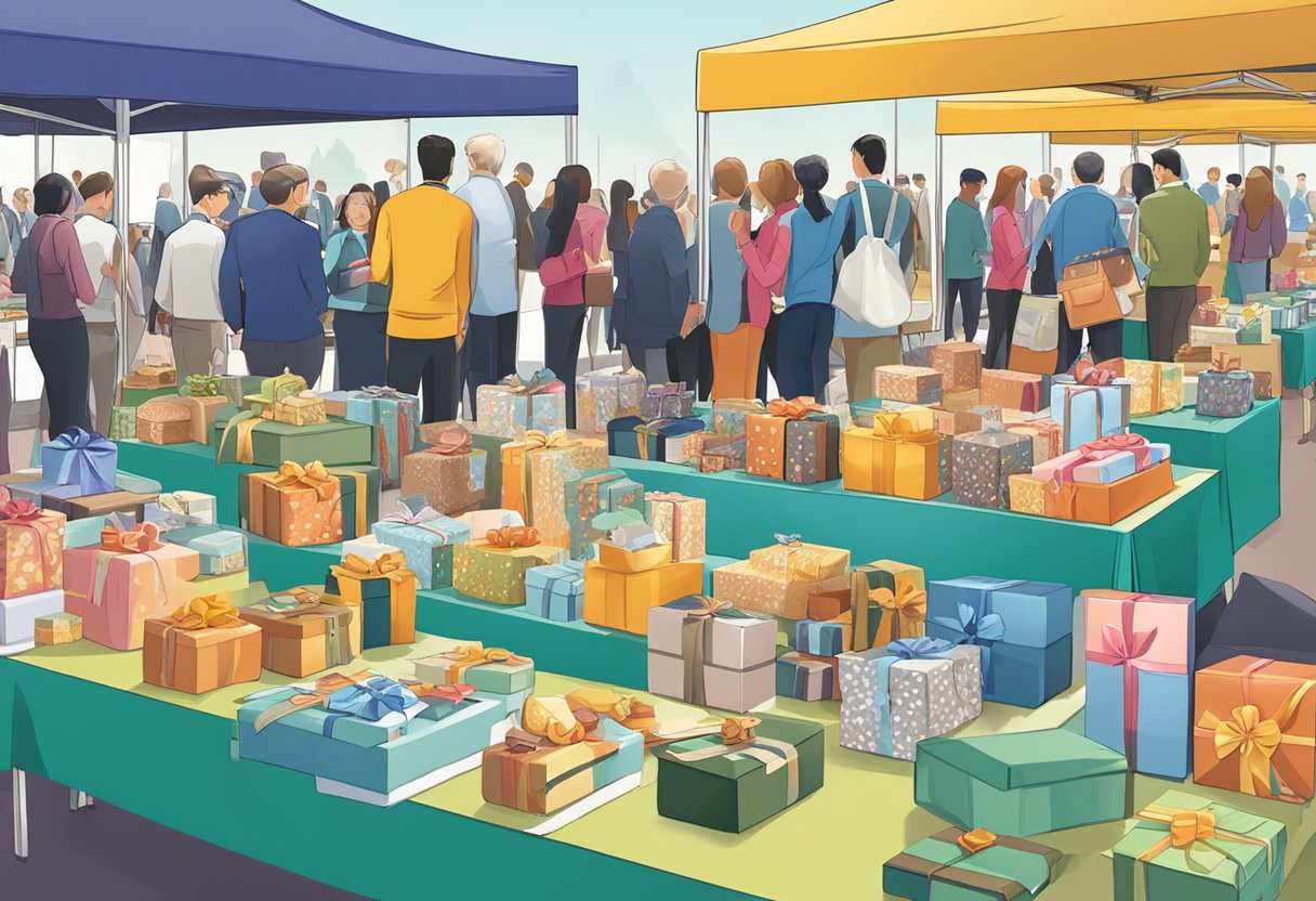 A variety of corporate gifts displayed on tables at a bustling gifts fair