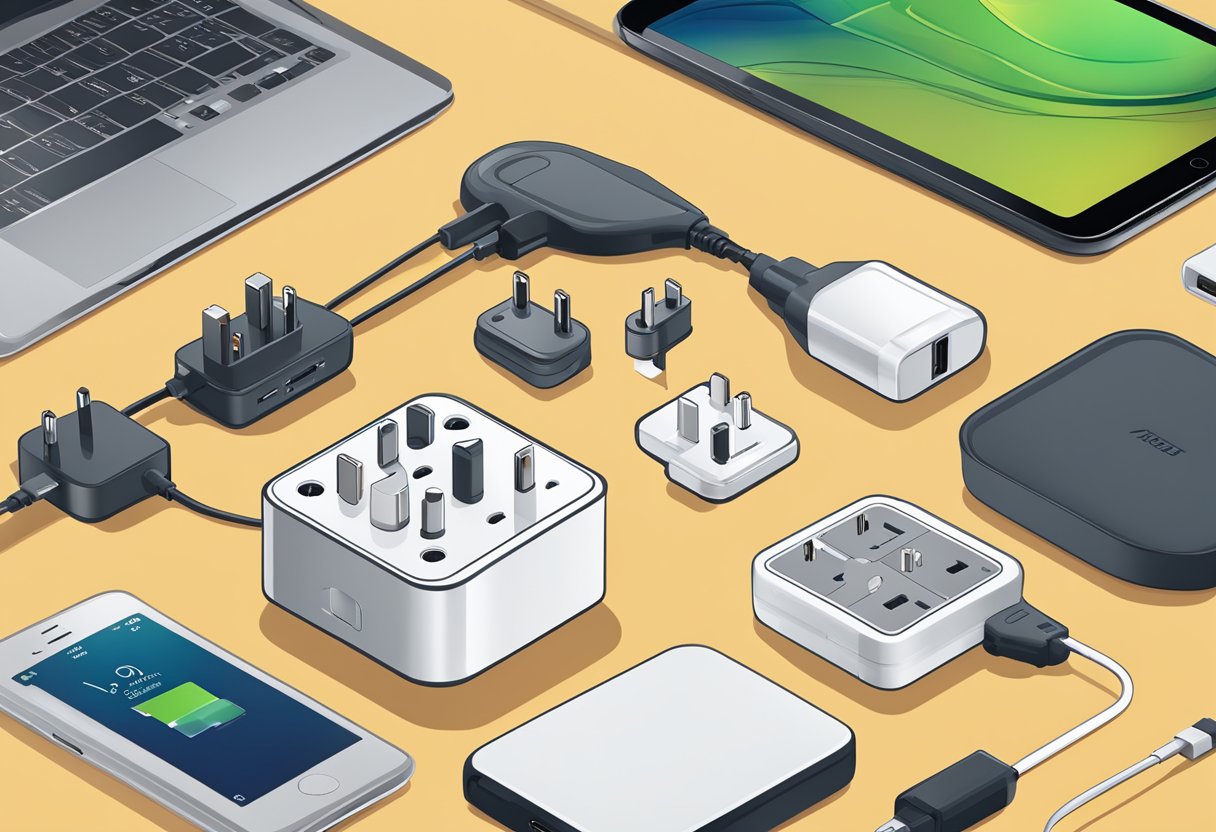 A universal travel adaptor sits on a desk, surrounded by various electronic devices. Its compact size and multiple plug options are highlighted
