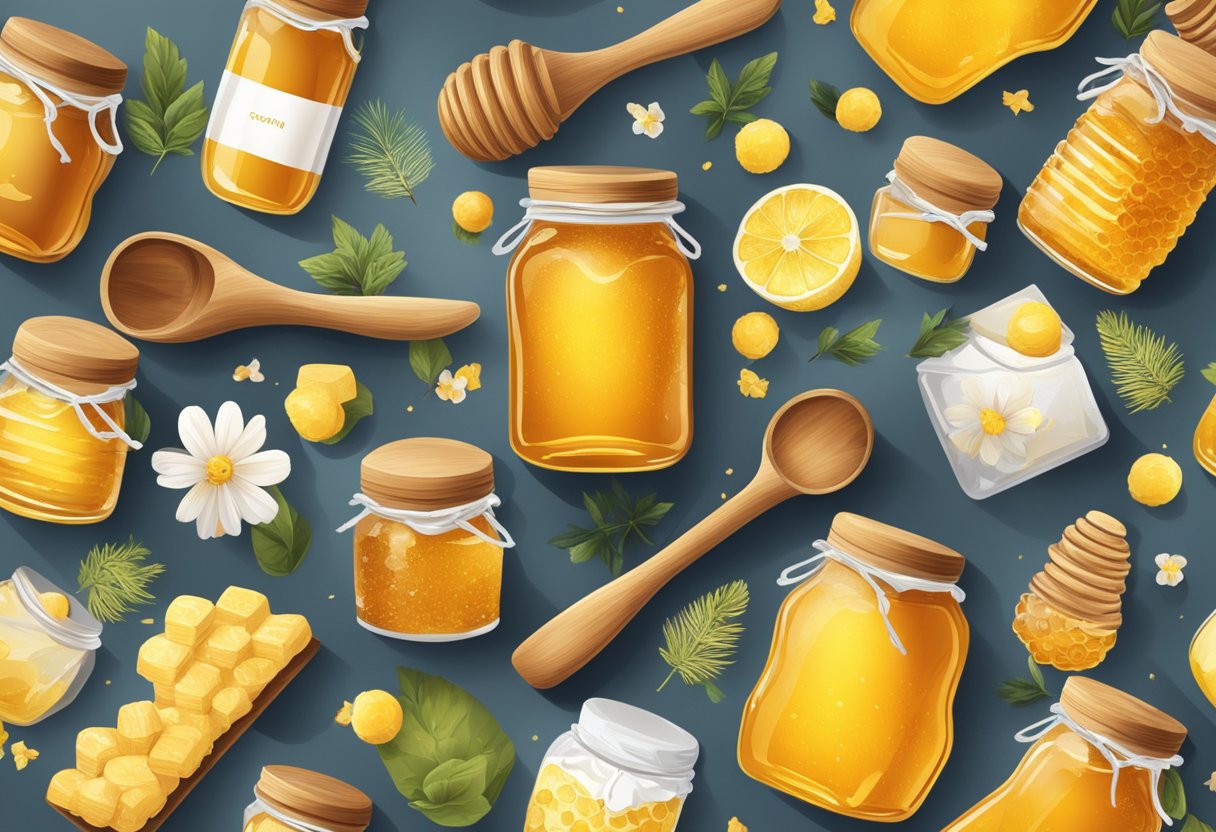A jar of honey with a wooden scoop surrounded by corporate gifts