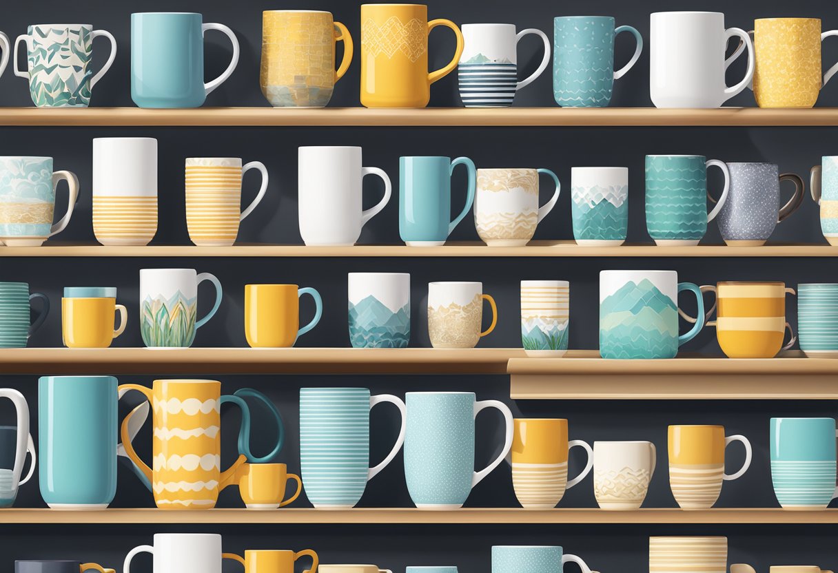 A stack of custom mugs displayed on a shelf in a wholesale store