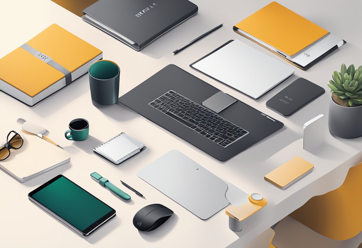 A modern office setting with stylish, minimalist desk accessories and tech gadgets. A sleek, branded gift box sits prominently on a desk