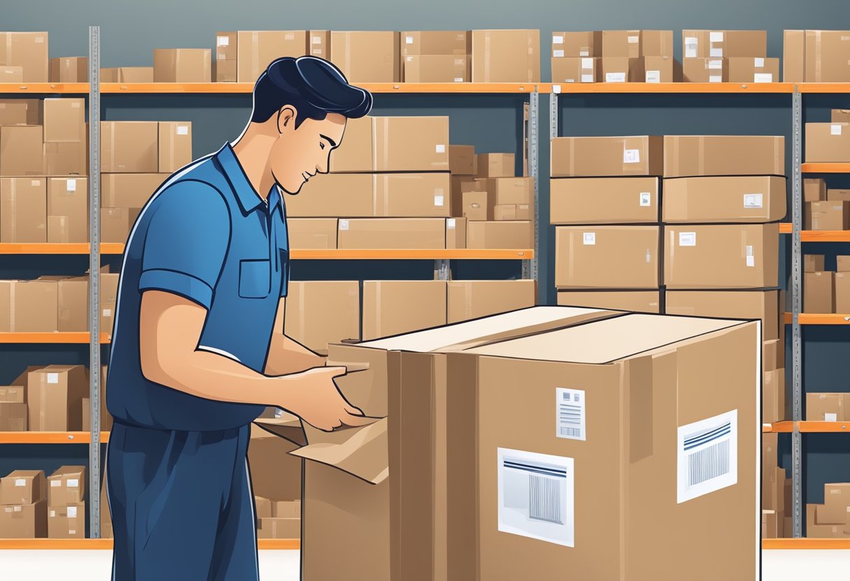 A warehouse worker carefully packs a box with various logistics and customer care items, including shipping labels, a customer service handbook, and a thank-you note
