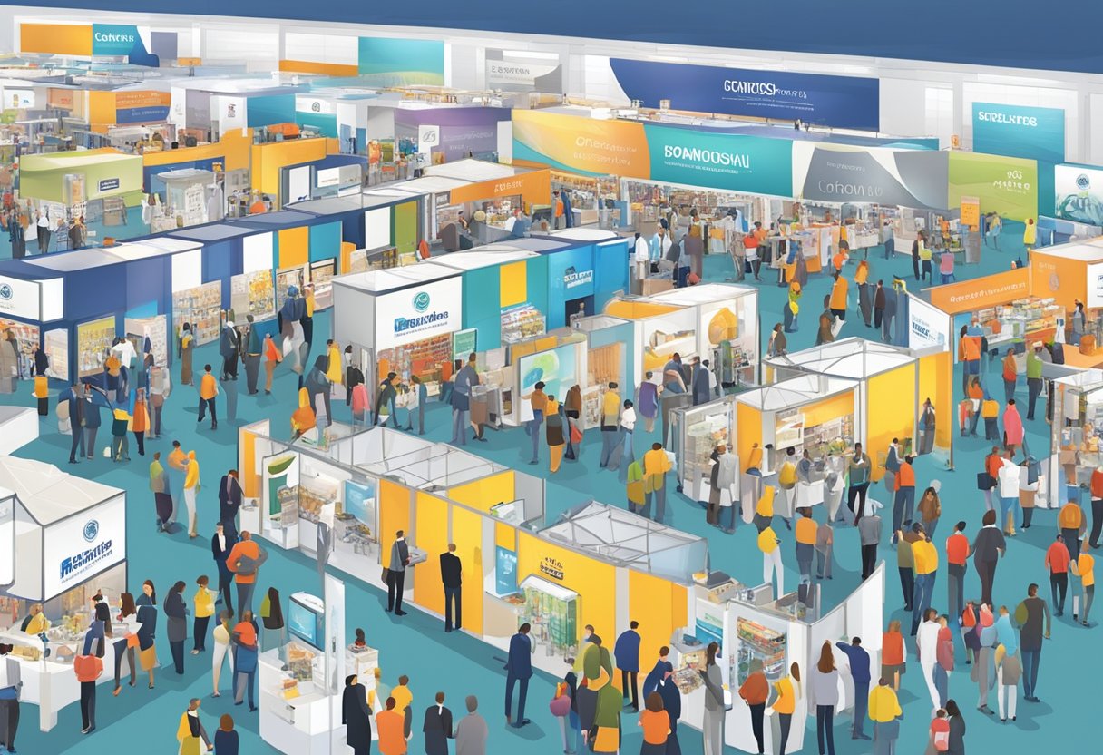 A bustling trade show floor filled with branded merchandise, display booths, and networking professionals at a corporate gifts fair
