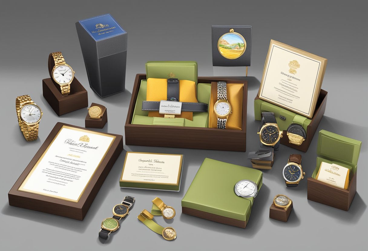 A table with a variety of corporate retirement gifts, including plaques, watches, and gift baskets, displayed in an organized and professional manner