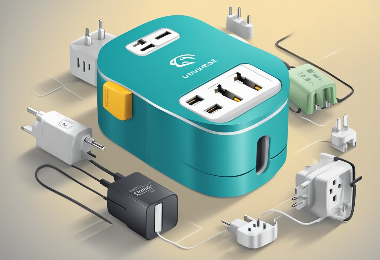 A universal travel adaptor with company logo displayed on the front, surrounded by various international power plugs