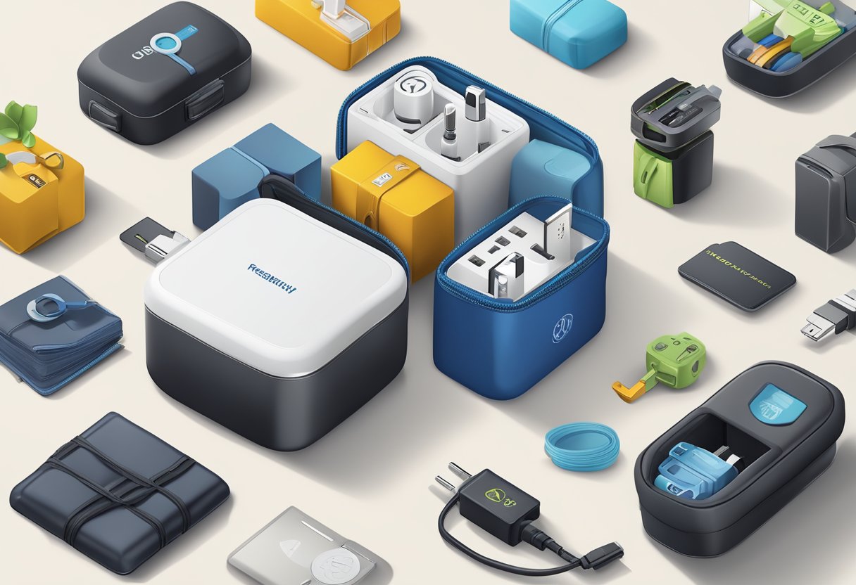 A universal travel adaptor surrounded by various corporate gift items, with a "Frequently Asked Questions" sign displayed prominently
