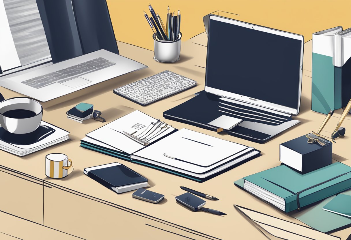 A sleek, modern office desk with a variety of unique, branded gifts such as custom notebooks, engraved pens, and artisanal coffee mugs